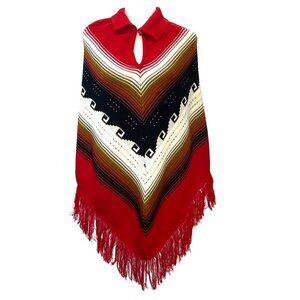 Vintage Cape Poncho Shaw Pull Over Fringe Funky Aztec 70s 80s Vintage SM/MED